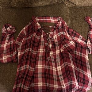 Plaid Lace-Up Blouse/flannel
